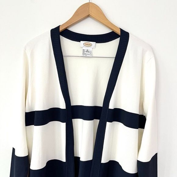 Vintage Talbots Open Front Cardigan Sweater Size M Blue Cream Nautical Preppy - Picture 2 of 8